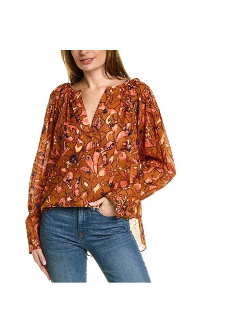 Women's A.L.C. Nomad Brown Pink Floral Long Sleeve Cotton Blouse Size 10